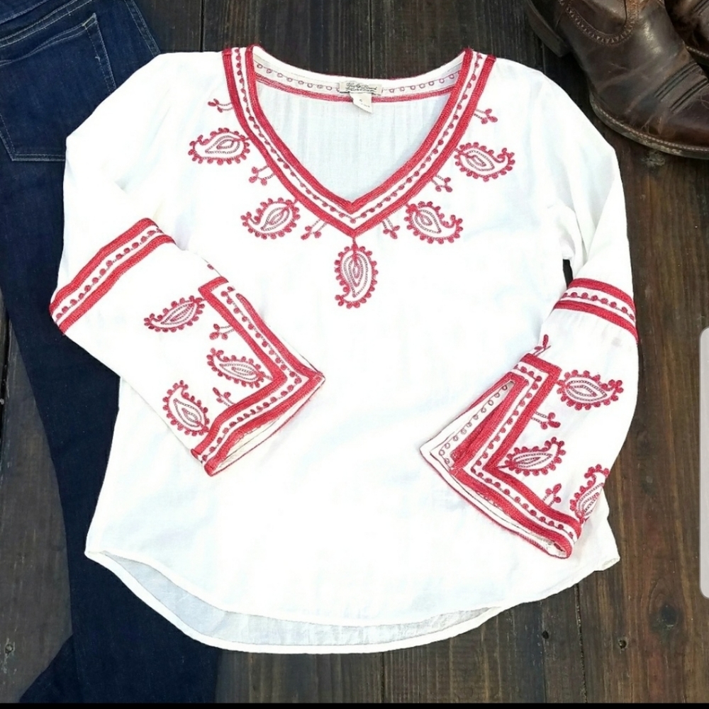 🧿 LUCKY BRAND Paisley Border Embroidered Blouse